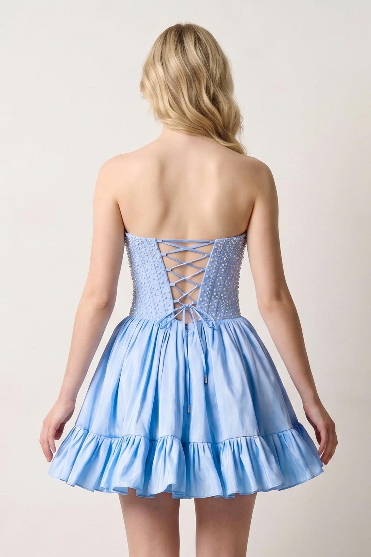 Sky Blue Strapless A Line Satin Ruffles Wedding Guest Dress With Pearls - Curvevia