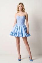 Sky Blue Strapless A Line Satin Ruffles Wedding Guest Dress With Pearls - Curvevia