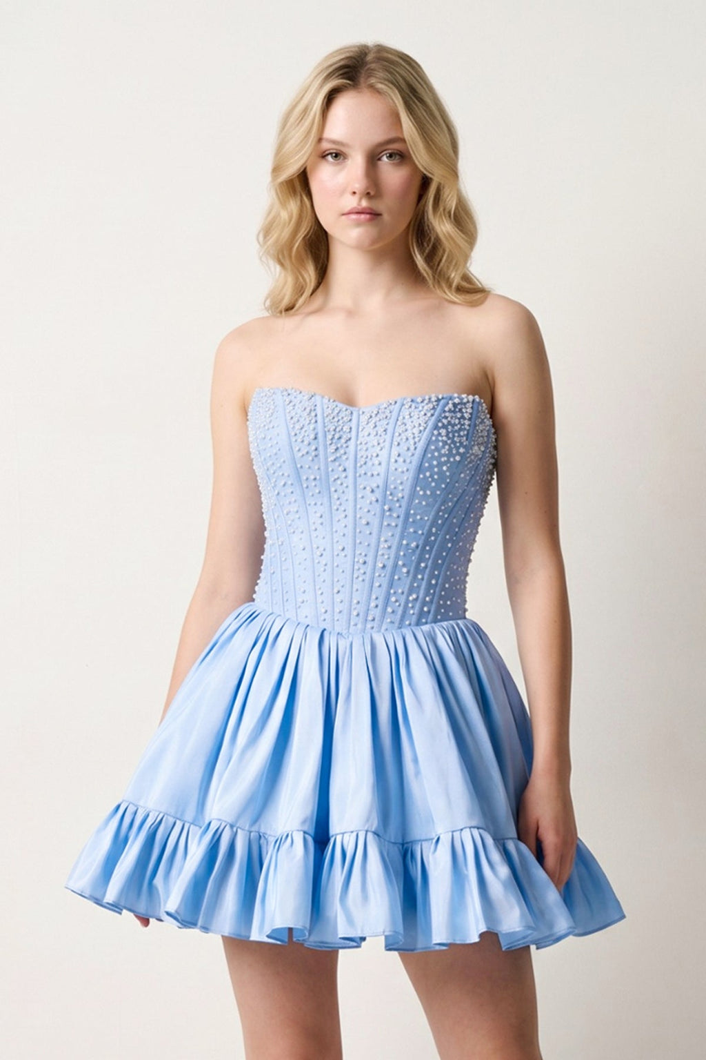 Sky Blue Strapless A Line Satin Ruffles Wedding Guest Dress With Pearls - Curvevia