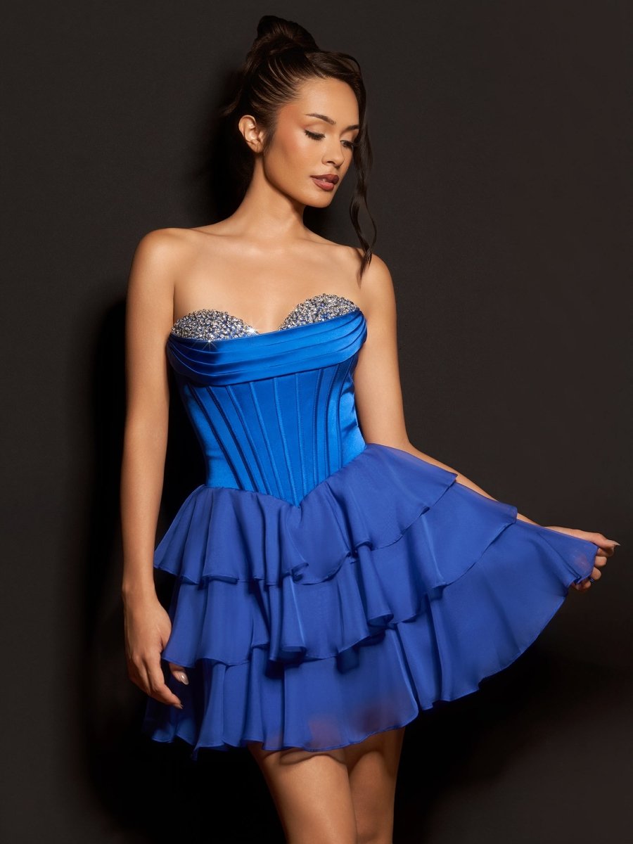 Royal Blue Strapless A Line Ruffles Wedding Guest Dress With Beading - Curvevia