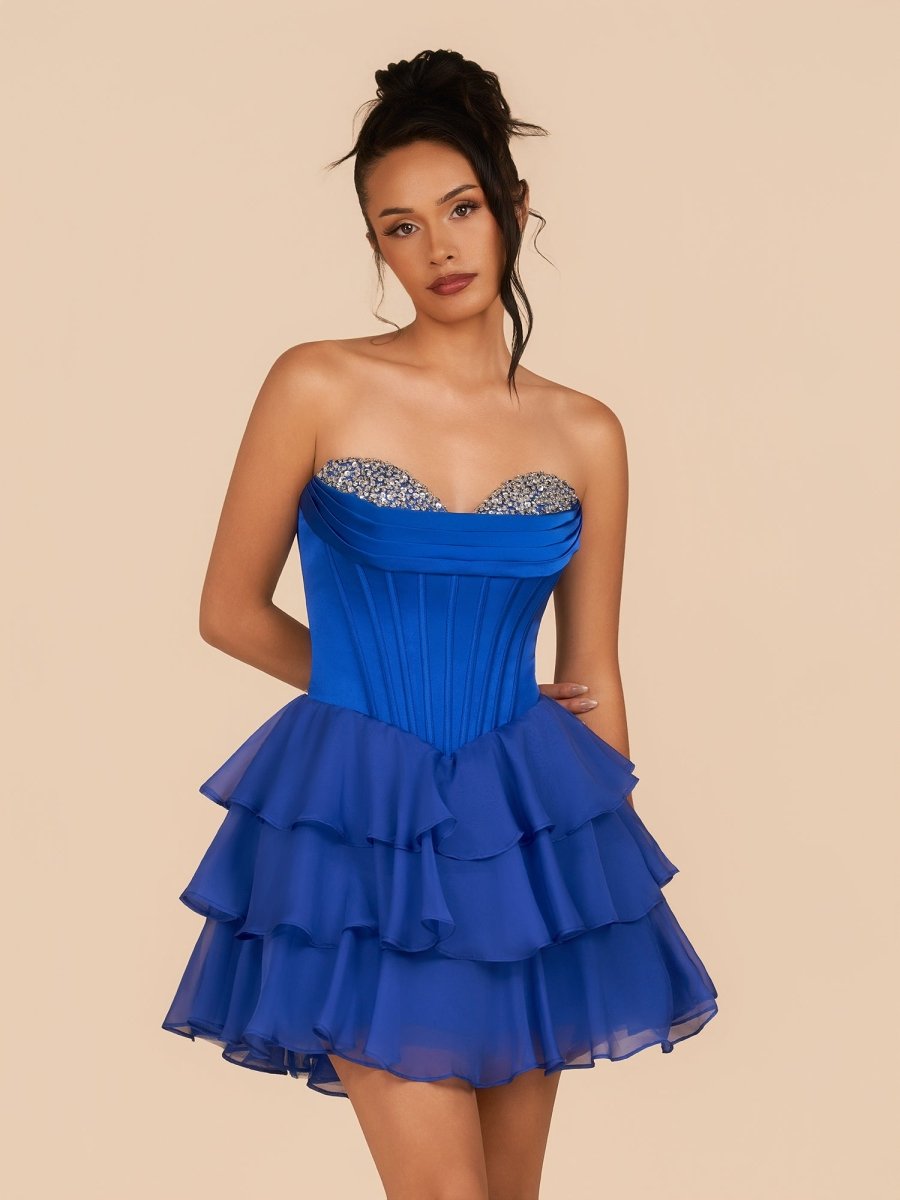 Royal Blue Strapless A Line Ruffles Wedding Guest Dress With Beading - Curvevia