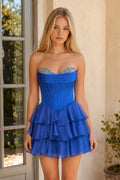 Royal Blue Strapless A Line Ruffles Wedding Guest Dress With Beading - Curvevia