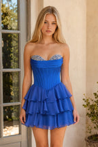Royal Blue Strapless A Line Ruffles Wedding Guest Dress With Beading - Curvevia