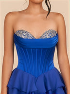 Royal Blue Strapless A Line Ruffles Wedding Guest Dress With Beading - Curvevia