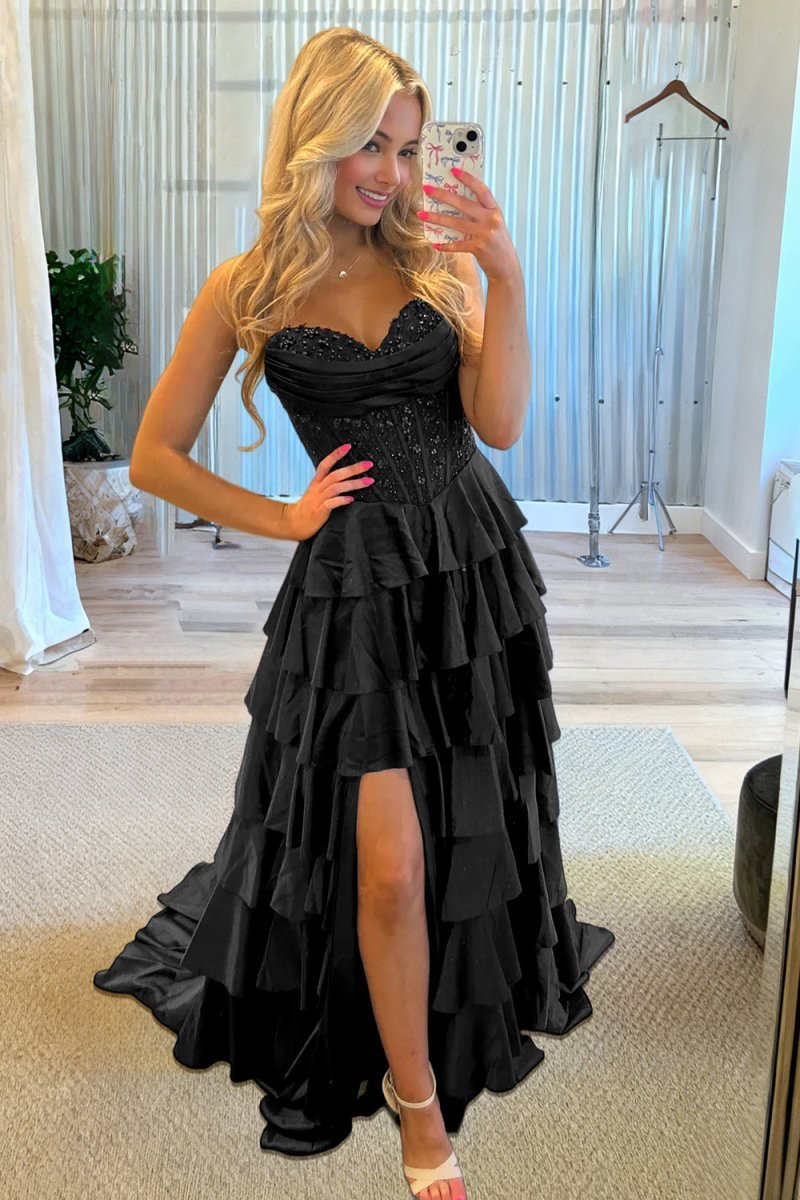Navy Blue Sweetheart A Line Satin Appliqued Evening Dress With Ruffles - Curvevia