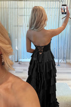 Navy Blue Sweetheart A Line Satin Appliqued Evening Dress With Ruffles - Curvevia