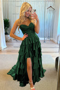 Navy Blue Sweetheart A Line Satin Appliqued Evening Dress With Ruffles - Curvevia