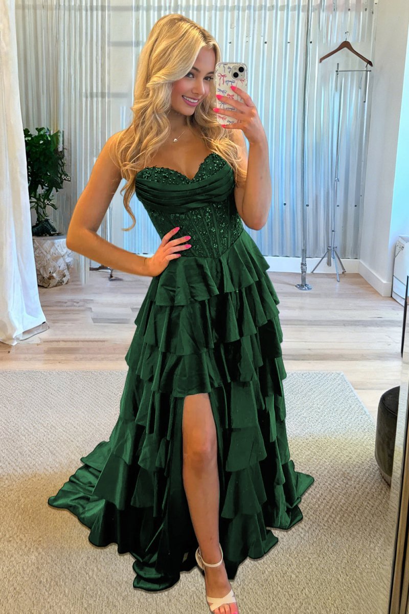 Navy Blue Sweetheart A Line Satin Appliqued Evening Dress With Ruffles - Curvevia
