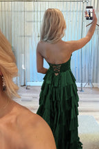 Navy Blue Sweetheart A Line Satin Appliqued Evening Dress With Ruffles - Curvevia