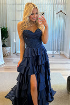 Navy Blue Sweetheart A Line Satin Appliqued Evening Dress With Ruffles - Curvevia