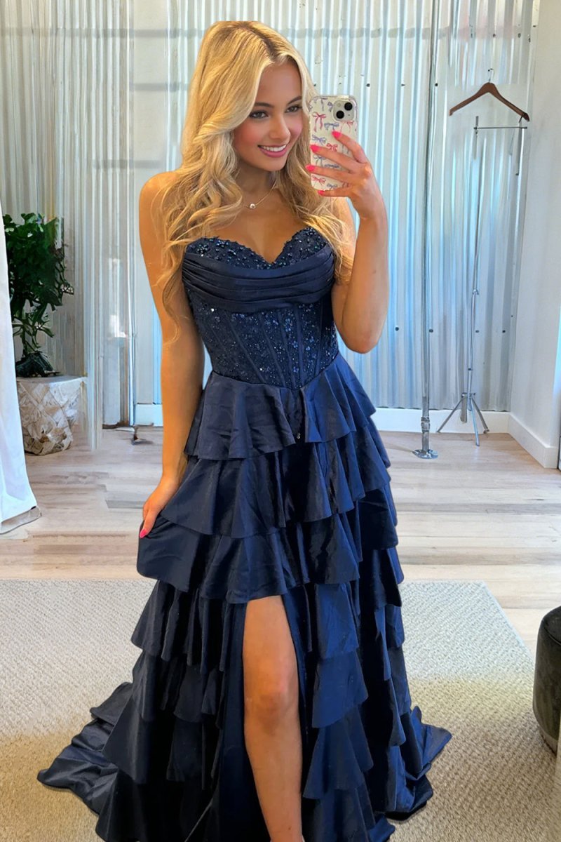 Navy Blue Sweetheart A Line Satin Appliqued Evening Dress With Ruffles - Curvevia