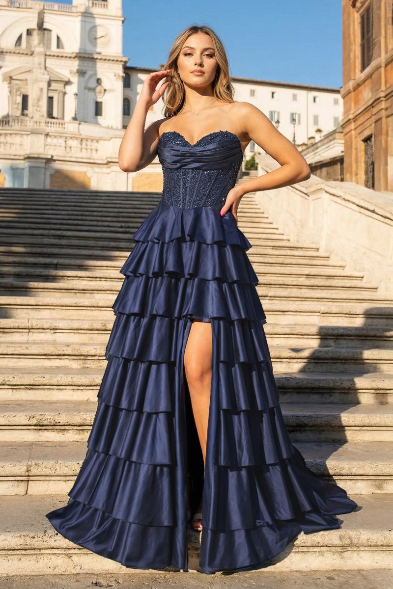 Navy Blue Sweetheart A Line Satin Appliqued Evening Dress With Ruffles - Curvevia