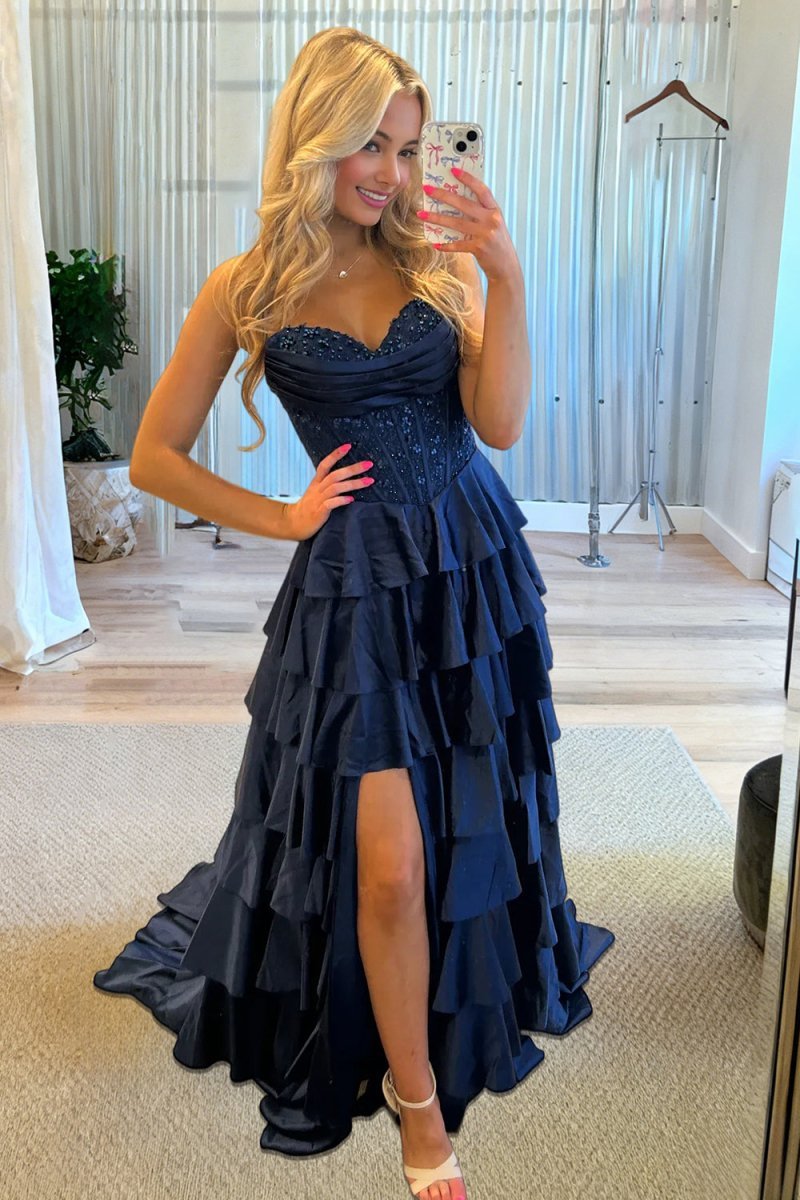 Navy Blue Sweetheart A Line Satin Appliqued Evening Dress With Ruffles - Curvevia