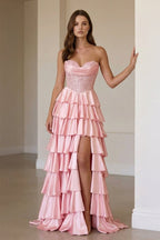 Navy Blue Sweetheart A Line Satin Appliqued Evening Dress With Ruffles - Curvevia