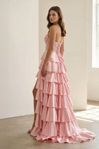 Navy Blue Sweetheart A Line Satin Appliqued Evening Dress With Ruffles - Curvevia