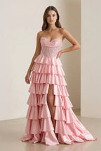 Navy Blue Sweetheart A Line Satin Appliqued Evening Dress With Ruffles - Curvevia