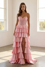 Navy Blue Sweetheart A Line Satin Appliqued Evening Dress With Ruffles - Curvevia