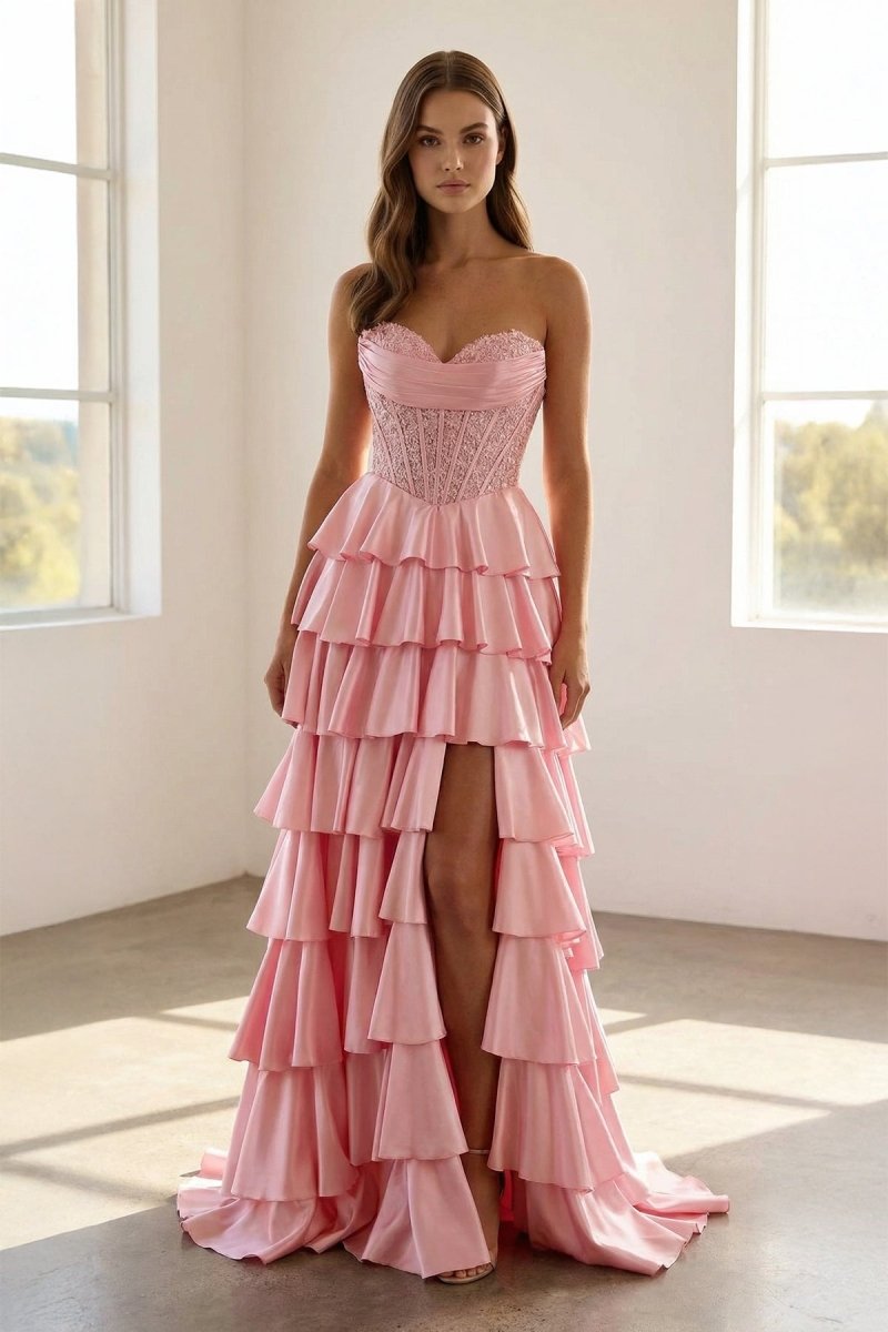 Navy Blue Sweetheart A Line Satin Appliqued Evening Dress With Ruffles - Curvevia