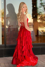 Navy Blue Sweetheart A Line Satin Appliqued Evening Dress With Ruffles - Curvevia