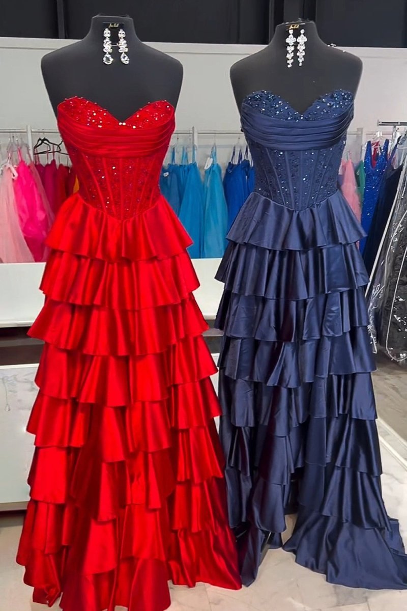 Navy Blue Sweetheart A Line Satin Appliqued Evening Dress With Ruffles - Curvevia