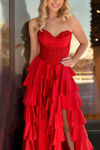 Navy Blue Sweetheart A Line Satin Appliqued Evening Dress With Ruffles - Curvevia