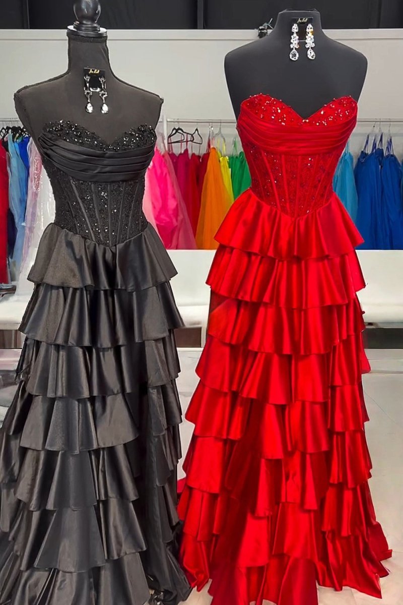 Navy Blue Sweetheart A Line Satin Appliqued Evening Dress With Ruffles - Curvevia