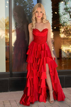 Navy Blue Sweetheart A Line Satin Appliqued Evening Dress With Ruffles - Curvevia