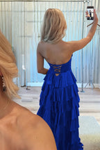 Navy Blue Sweetheart A Line Satin Appliqued Evening Dress With Ruffles - Curvevia