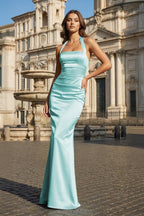 Sky Blue Halter Satin Mermaid Open Back Long Evening Dress - Curvevia