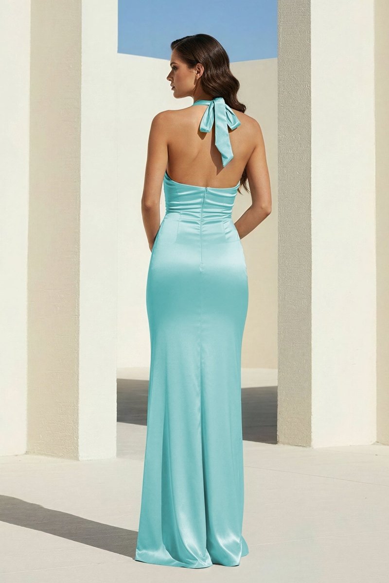 Sky Blue Halter Satin Mermaid Open Back Long Evening Dress - Curvevia