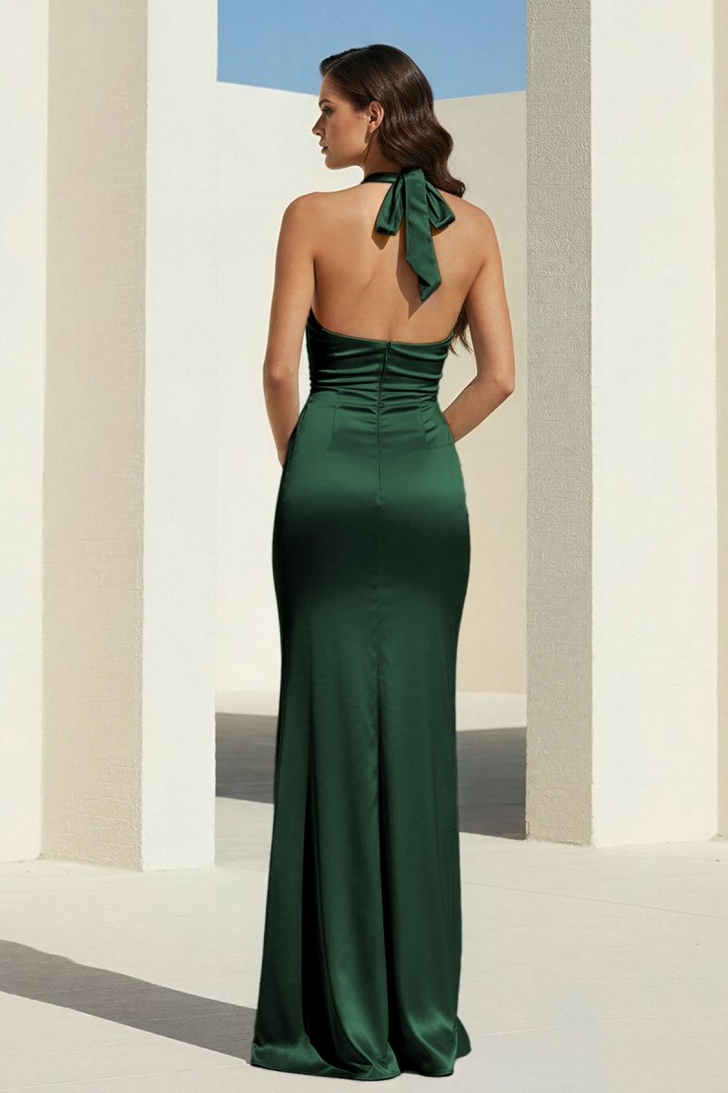 Sky Blue Halter Satin Mermaid Open Back Long Evening Dress - Curvevia