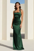 Sky Blue Halter Satin Mermaid Open Back Long Evening Dress - Curvevia