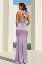 Sky Blue Halter Satin Mermaid Open Back Long Evening Dress - Curvevia