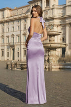 Sky Blue Halter Satin Mermaid Open Back Long Evening Dress - Curvevia