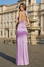 Sky Blue Halter Satin Mermaid Open Back Long Evening Dress - Curvevia