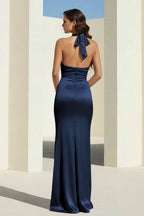 Sky Blue Halter Satin Mermaid Open Back Long Evening Dress - Curvevia