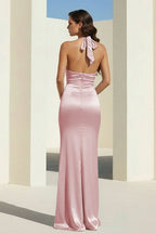 Sky Blue Halter Satin Mermaid Open Back Long Evening Dress - Curvevia
