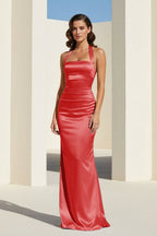 Sky Blue Halter Satin Mermaid Open Back Long Evening Dress - Curvevia