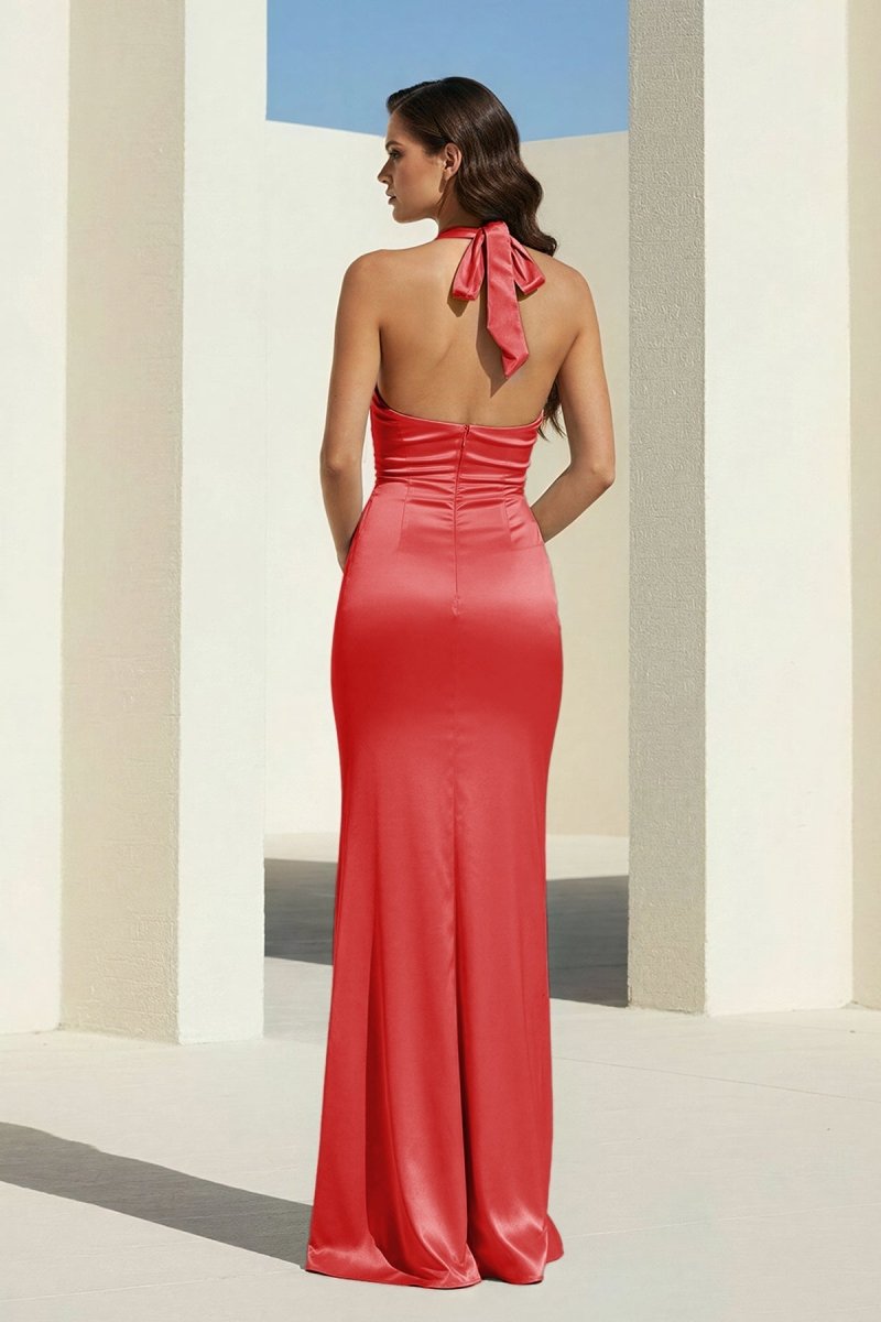 Sky Blue Halter Satin Mermaid Open Back Long Evening Dress - Curvevia