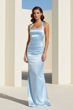 Sky Blue Halter Satin Mermaid Open Back Long Evening Dress - Curvevia