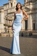 Sky Blue Halter Satin Mermaid Open Back Long Evening Dress - Curvevia