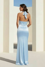 Sky Blue Halter Satin Mermaid Open Back Long Evening Dress - Curvevia