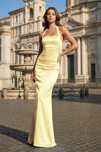 Sky Blue Halter Satin Mermaid Open Back Long Evening Dress - Curvevia