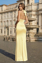 Sky Blue Halter Satin Mermaid Open Back Long Evening Dress - Curvevia
