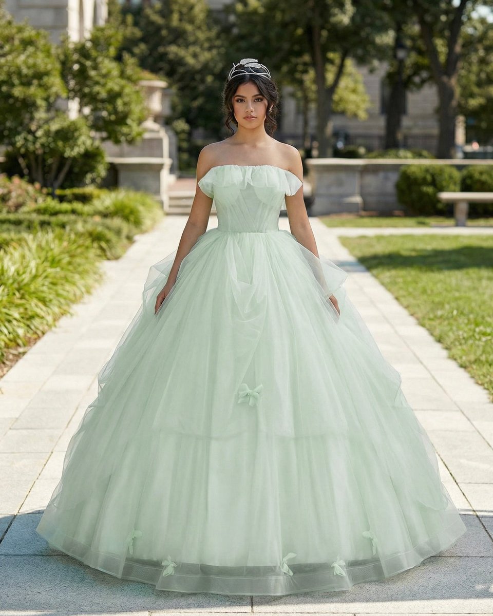 Elegant 3D Flowery Sage Green Tulle Fairy Ball Gown - Curvevia