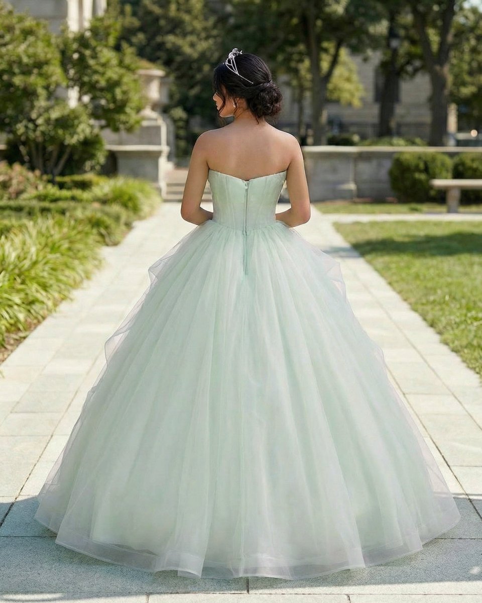 Elegant 3D Flowery Sage Green Tulle Fairy Ball Gown - Curvevia
