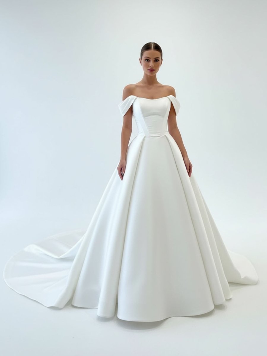 Elegant Gown Off the Shoulder White Satin Wedding Dresses - Curvevia