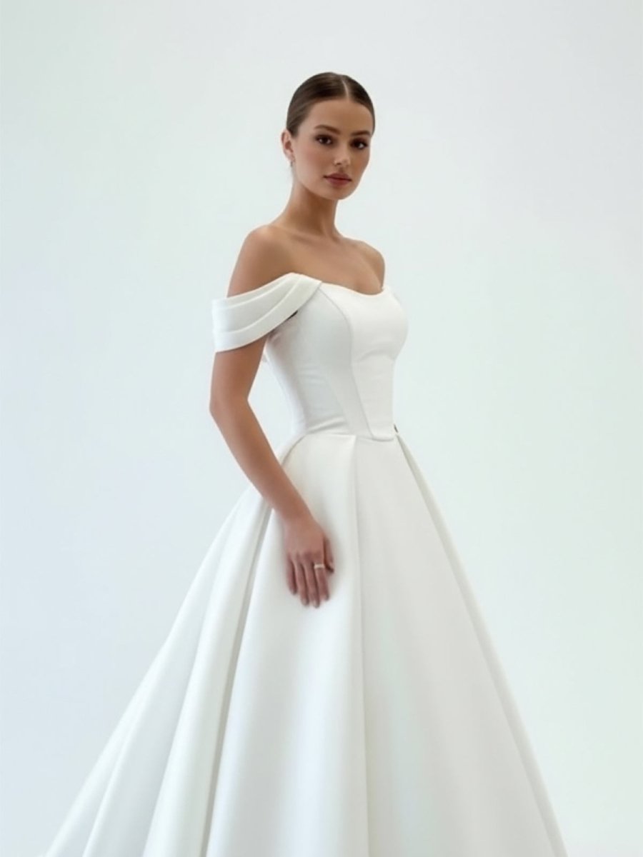 Elegant Gown Off the Shoulder White Satin Wedding Dresses - Curvevia