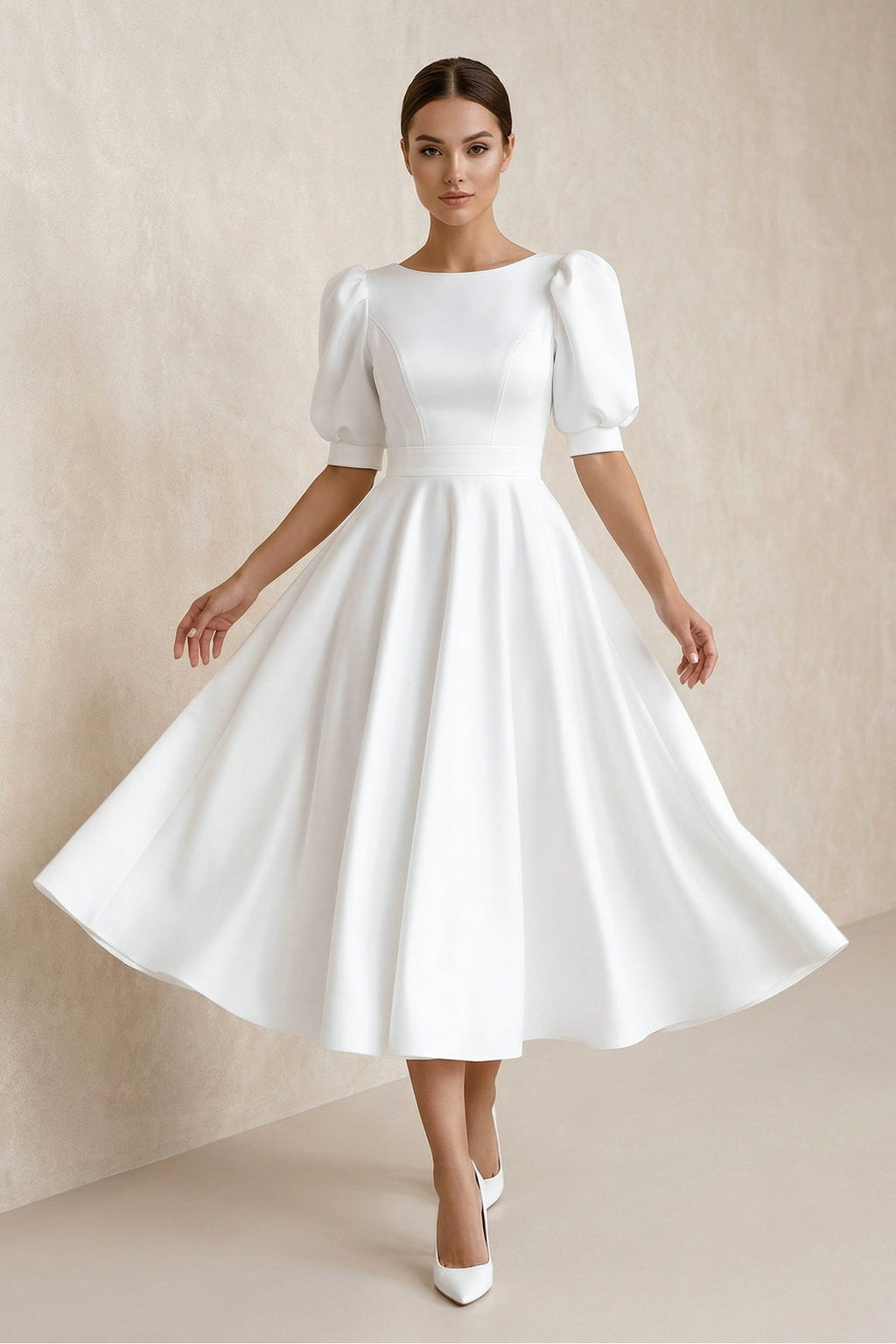 Elegant Bateau A Line Satin Knee-length Wedding Dress - Curvevia