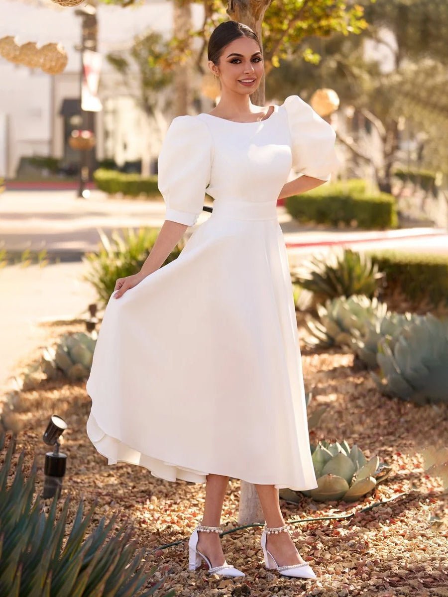 Elegant Bateau A Line Satin Knee-length Wedding Dress - Curvevia